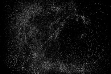 White Grainy Texture Isolated On Black Background. Dust Overlay. Light Coloured Noise Granules. Snow Vector Elements. Digitally Generated Image. Illustration, Eps 10.