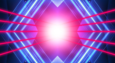 Modern abstract neon background. Blue and pink neon light, rays, lines, abstract light. Empty background, scene, poster. Light tunnel.