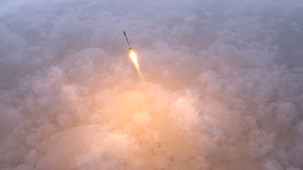 Obraz na płótnie Canvas Rocket flying over clouds
