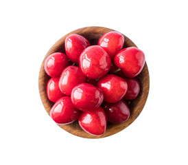 Fresh red cherries isolated on white. Cherry fruit with copy space for text. Sweet cherry isolated on white background cutout. Various summer berries. Ripe cherries hill isolated on white background.