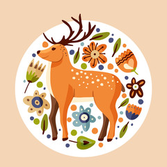 Ornate vector card with cute cartoon deer in a flat scandinavian style. Forest floral round vintage postcard with fawn animal.