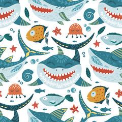 Seamless vector pattern with cute cartoon funny shark fish in a flat scandinavian style. Kid underwater fabric graphic illustration on a white background. Baby shark Doo Doo Doo.