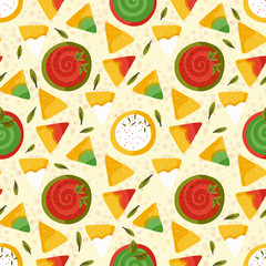 Mexican nacho vintage seamless pattern. Traditional snack with sauce in a flat style. Mexico delicious meal.