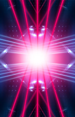 Fototapeta premium Modern abstract neon background. Blue and pink neon light, rays, lines, abstract light. Empty background, scene, poster. Light tunnel.