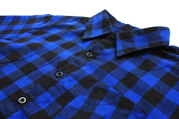 Plaid lumberjack casual shirt of blue & black color with checkered tartan pattern. Stylish flannel unisex shirt close up view isolated on empty white background 