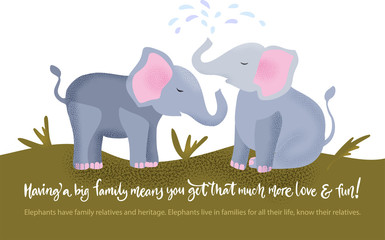 Happy valentine day vector textured elephant family card in a flat style with quote and real facts about love. Romantic animal couple hand drawn illustration.