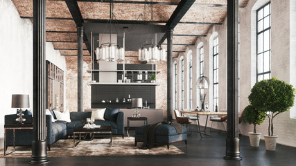 Fototapeta na wymiar Fashionable loft style living room. 3d illustration
