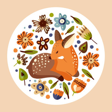 Cute vector illustration with a little fawn woodland animal in a flat style. Forest nature round reindeer postcard with botanical floral elements - flowers and foliage.