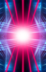 Obraz premium Nowoczesne abstrakcyjne tło neon. Niebieskie i różowe światło neonowe, promienie, linie, abstrakcyjne światło. Puste tło, scena, plakat. Lekki tunel.