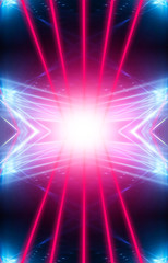 Fototapeta premium Modern abstract neon background. Blue and pink neon light, rays, lines, abstract light. Empty background, scene, poster. Light tunnel.