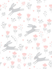 Fototapeta na wymiar Lovely Seamless Vector Pattern with Cute Gray Bunnies Running in an Abstract Garden. Lovely Rabbit on a White Background. Funny Nursery Vector Art for Card, Wall Art, Fabric, Textile, Invitation.