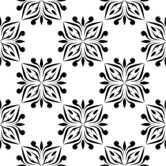 Floral seamless pattern. Black flowers on white background