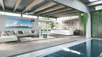 Summer house with large living room kitchen and pool. 3d illustration