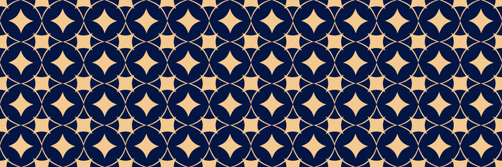 Naklejka premium Geometric print. Golden pattern on long dark blue seamless background