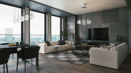 Modern living room large windows. Dark modern style living room. 3d illustration