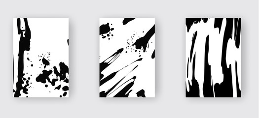 Black abstract design set. Ink paint on brochure, Monochrome element isolated on white.