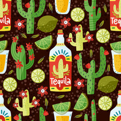 Tequila drink vector seamless pattern. Mexican alcohol traditional short with lime cactus and flowers.