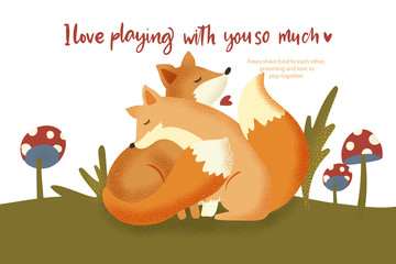 Happy valentine day vector textured foxes animal card in a flat style with quote and real facts about love. Romantic illustration. Fox hugs a friend and love to play.