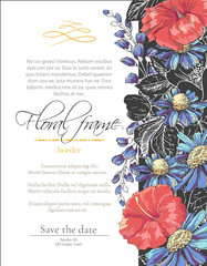 Vector delicate gothic invitation with black and blue chamomile and hibiscus for wedding, marriage, bridal, birthday