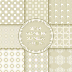 Compilation of seamless patterns. White abstract and geometric prints on olive green background