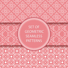 Compilation of geometric seamless patterns. White designs on pink background