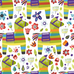 Traditional Mexican party symbol. Pinata vector flat seamless pattern with flowers. Cinco de Mayo celebration party donkey.