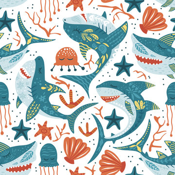Seamless vector pattern with cute cartoon funny shark fish in a flat scandinavian style. Kid underwater fabric graphic illustration on a white background. Baby shark Doo Doo Doo. © trihubova