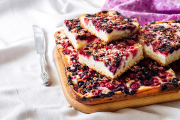Closeup of berry pie with cottage cheese cut on square slices