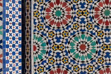 Traditional abstract Moroccan tile mosaic background, royal palace in Fes, Morocco.