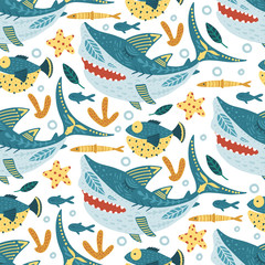 Seamless vector pattern with cute cartoon funny shark fish in a flat scandinavian style. Kid underwater fabric graphic illustration on a white background. Baby shark Doo Doo Doo.