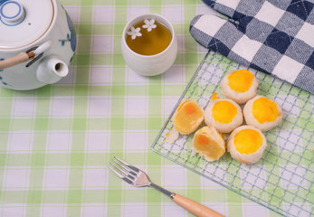 Thai moon cake ,Spring roll pastry with nuts and salted eggs ,Dessert with tea in the morning