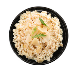 Delicious risotto with cheese isolated on white, top view