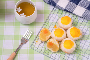 Thai moon cake ,Spring roll pastry with nuts and salted eggs ,Dessert with tea in the morning