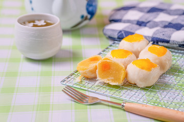 Thai moon cake ,Spring roll pastry with nuts and salted eggs ,Dessert with tea in the morning