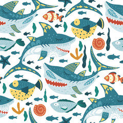 Fototapeta premium Seamless vector pattern with cute cartoon funny shark fish in a flat scandinavian style. Kid underwater fabric graphic illustration on a white background. Baby shark Doo Doo Doo.