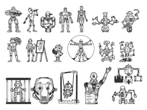 Robots set sketch engraving vector illustration. T-shirt apparel print design. Scratch board imitation. Black and white hand drawn image.