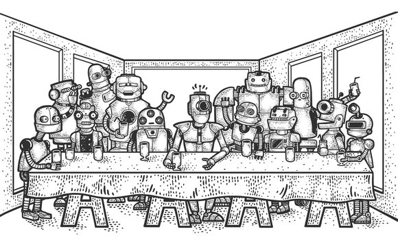 The Last Supper of robots sketch engraving vector illustration. Leonardo da Vinci painting parody. T-shirt apparel print design. Scratch board imitation. Black and white hand drawn image.