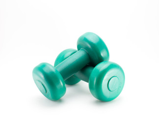 Two green 5kg dumbbells on a white background.