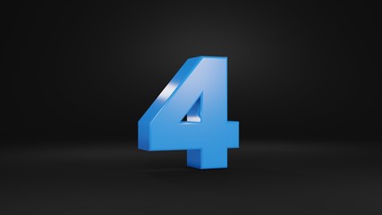 Number 4 in blue on black background, 3D illustration