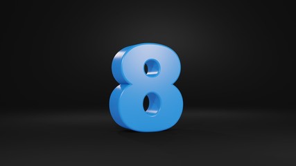 Number 8 in blue on black background, 3D illustration