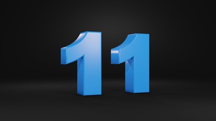 Number 11 in blue on black background, 3D illustration