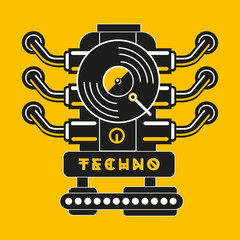 Vinyl record with car engine. Techno and industrial party poster. Hip-hop music vector sign.