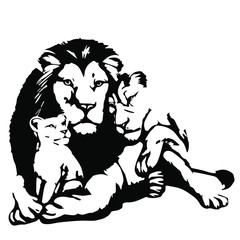 Mom & baby animals wild lion. Vector illustration on a transparent background.