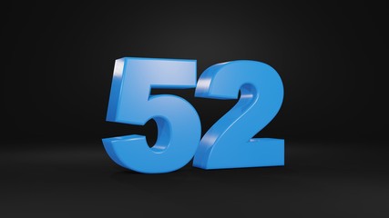 Number 52 in blue on black background, 3D illustration