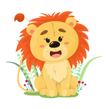Cute and funny lion cub in the grass.  Vector illustration in cartoon flat style.