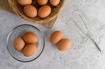 Brown eggs and glasses bowl