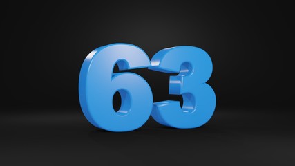 Number 63 in blue on black background, 3D illustration