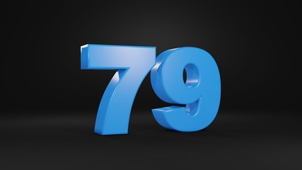 Number 79 in blue on black background, 3D illustration
