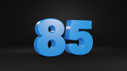 Number 85 in blue on black background, 3D illustration