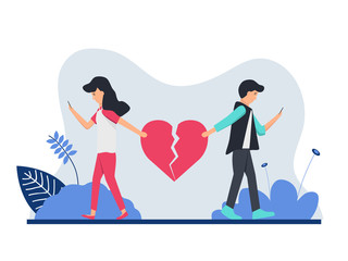 A couple cry and run away due to a broken heart. Upset and depressed couple hold broken heart. Couple in disagreement at end of friendly relations. Flat cartoon vector illustration